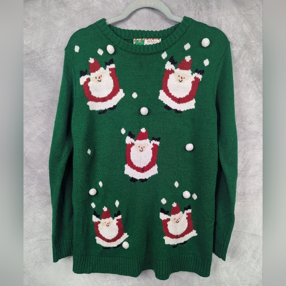 Santa Crewneck Sweater Medium Green With 3D Snowballs